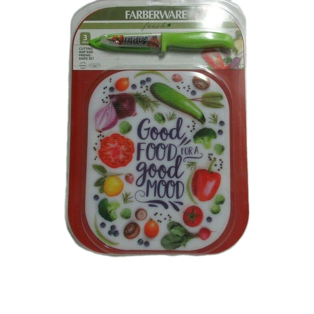 NEW FABERWARE "FRESH" 3 PC CUTTING MAT AND PARING KNIFE VEGETABLE PRINT